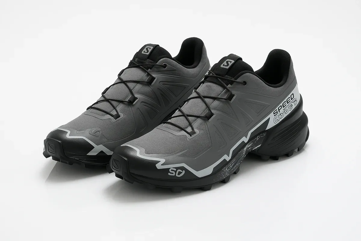 Gray Salomon Speedcross 6 with black/white accents, featuring aggressive lugs for trail grip, quick-lace system, water-resistant materials, and enhanced heel support for technical terrain