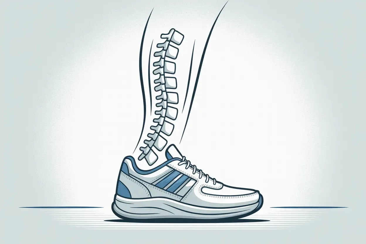 Symbolic illustration showing a stable foot in a supportive sneaker as a foundation for a balanced and aligned human spine, representing how footwear stability aids posture.