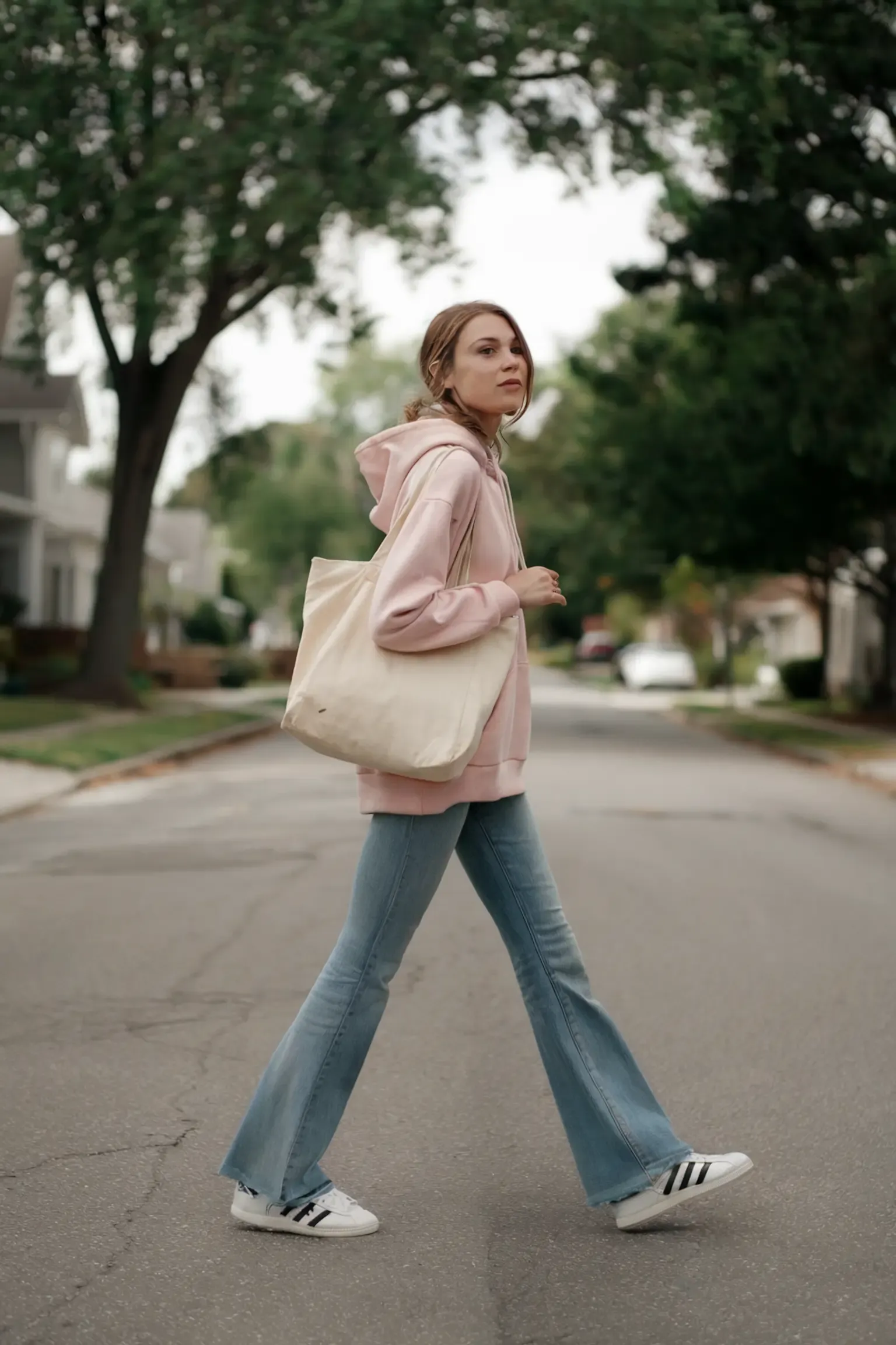 Person walking down residential street carrying canvas tote bag, wearing oversized pink hoodie and flared light wash jeans, paired with classic white Adidas sneakers