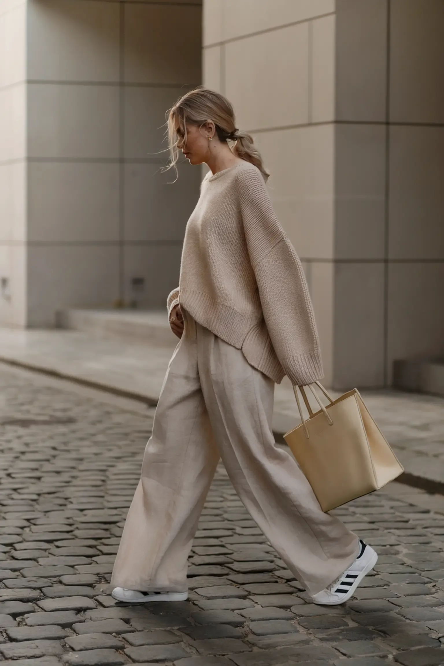 Street style featuring oversized beige sweater, wide-leg cream pants, cream tote bag and white Adidas Samba sneakers, person walking on cobblestone street in soft lighting