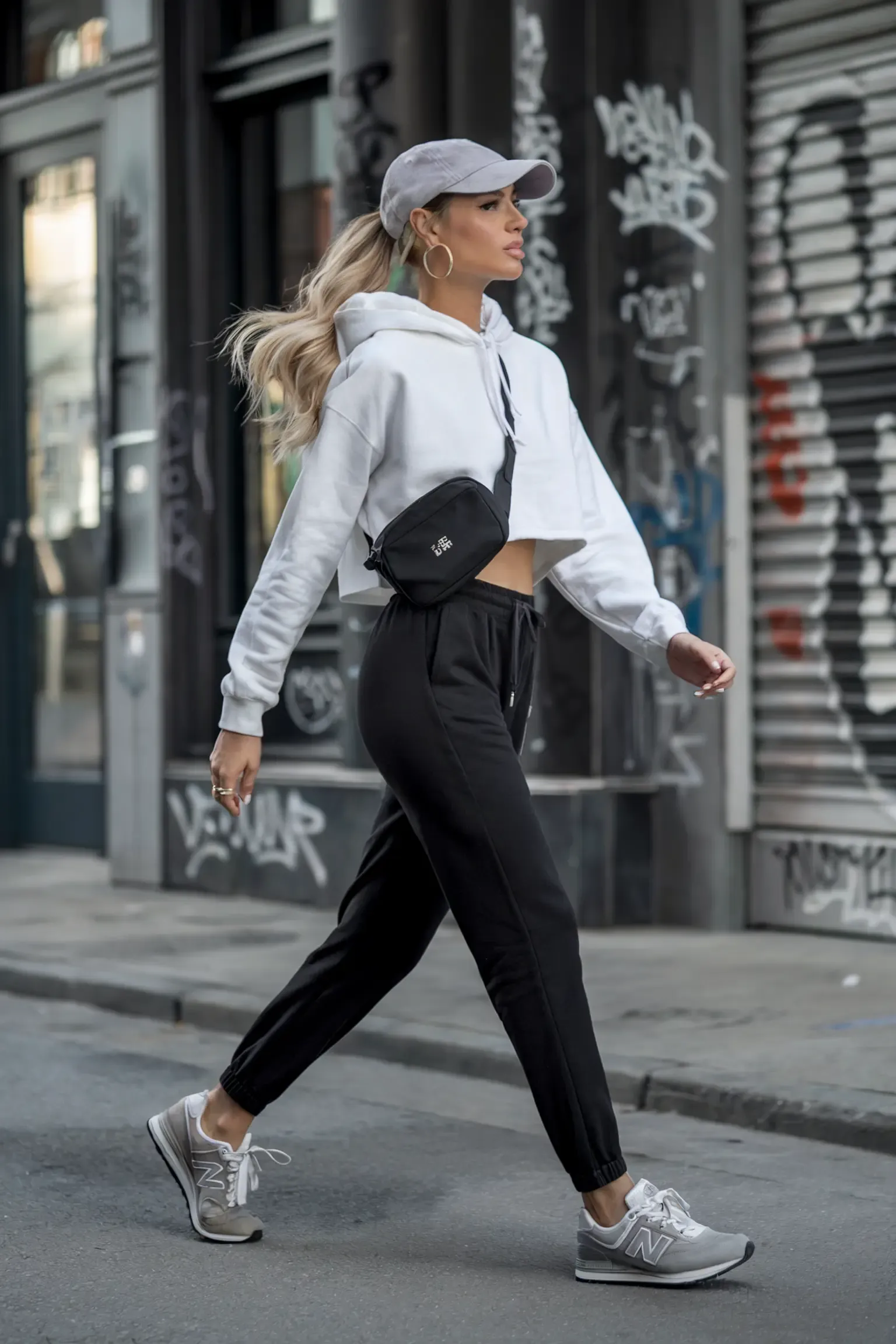 Woman in white cropped hoodie and black joggers walking on urban street, wearing grey New Balance sneakers with baseball cap and belt bag, displaying modern street style athleisure