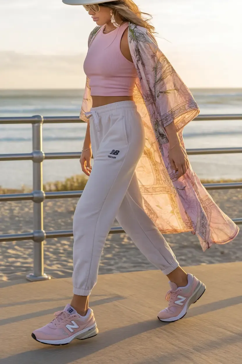 Beach athleisure look with pink crop top, white joggers, floral kimono and pink New Balance sneakers