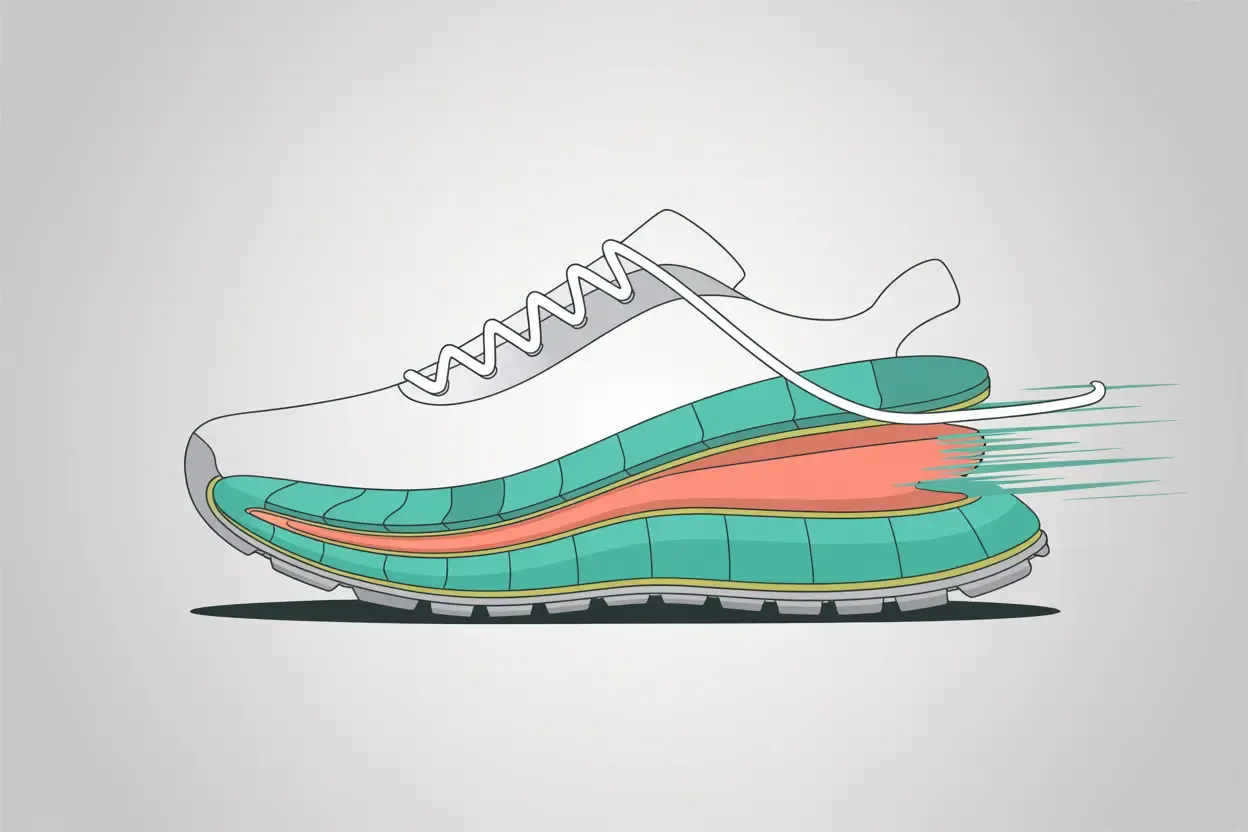 A cutaway view of a thick sneaker midsole, showing layers of cushioning foam designed to absorb impact under pressure.