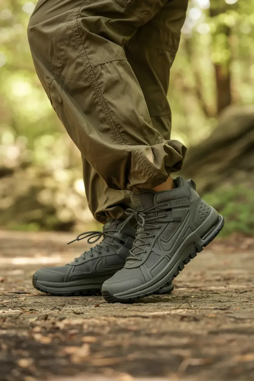 Close-up of a woman's legs wearing tactical high-top sneakers with rugged soles and reinforced materials.