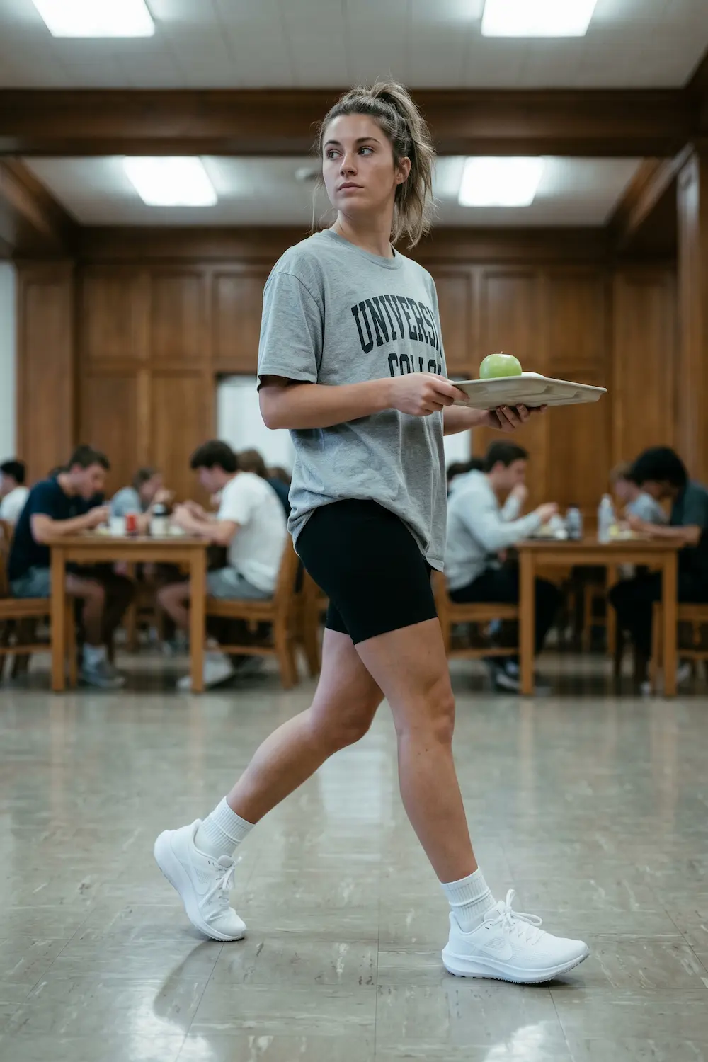 Gray Loewe T-shirt, Outdoor Voices CloudKnit shorts, white Nike Pegasus 41s.