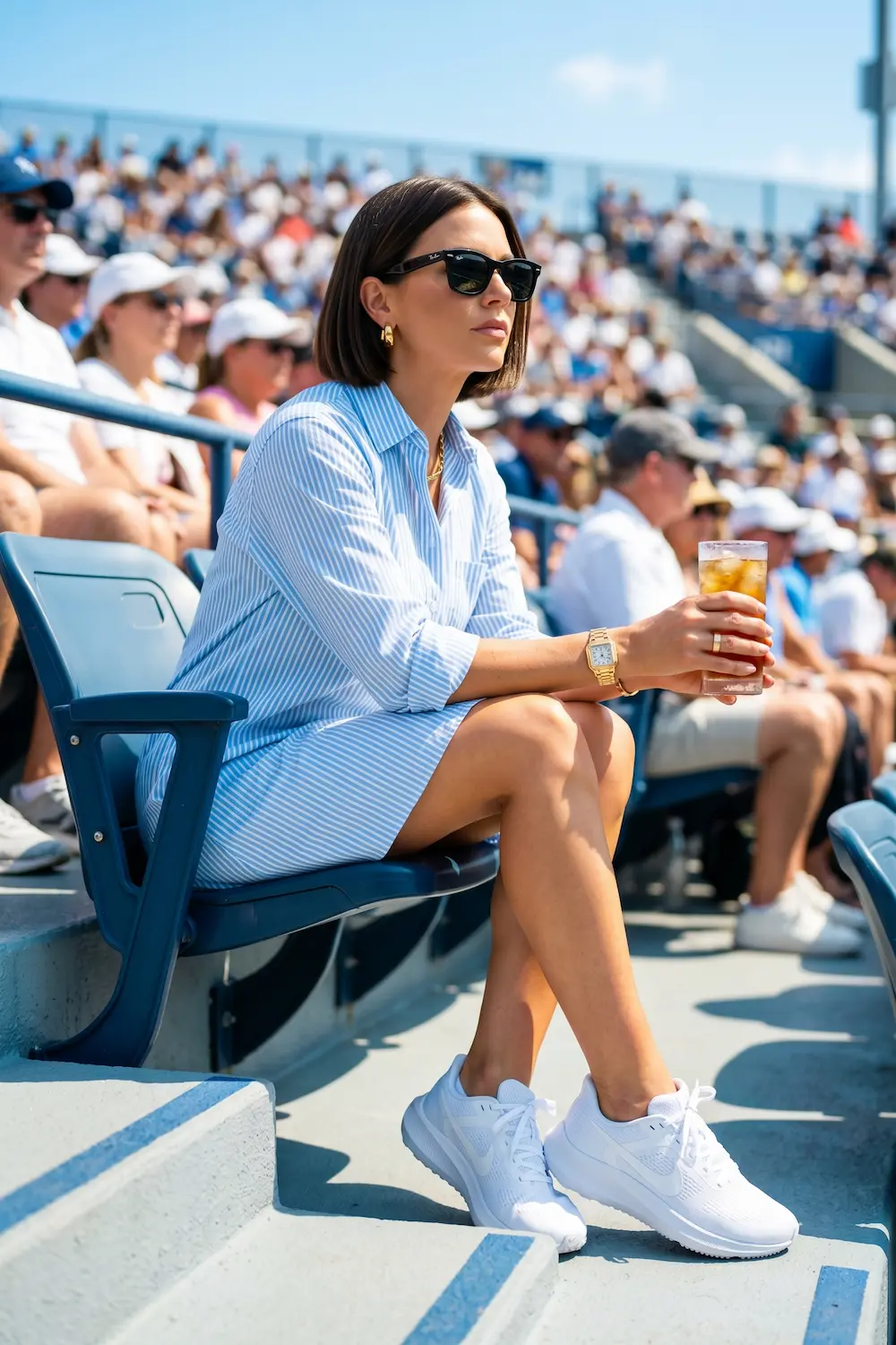Blue stripe Tuckernuck dress, Cartier Panthère watch, Ray-Ban Orion sunglasses, Nike Pegasus 41.