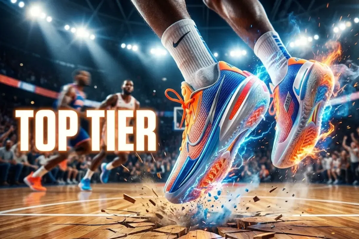 A close-up of a basketball player's feet in orange and blue Nike sneakers, exploding with fire and lightning as they land on a wooden court, with the text 'TOP TIER' and blurred players in the background.