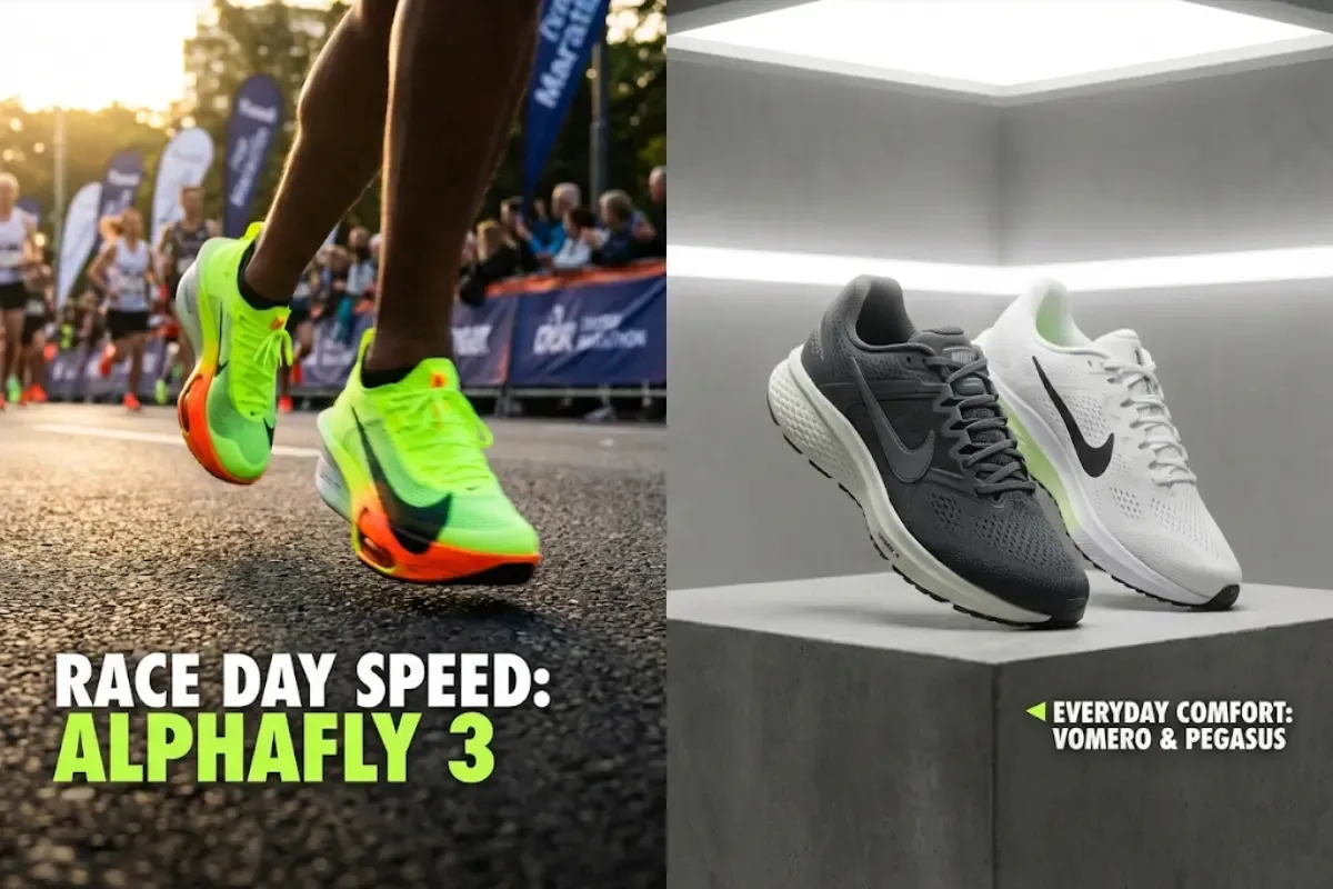 A split-screen visual showing Nike Alphafly 3 racing shoes in high-speed action on the left, contrasted with a studio display of Nike Vomero 18 and Pegasus 41 daily trainers on the right, representing the best Nike long-distance running shoes