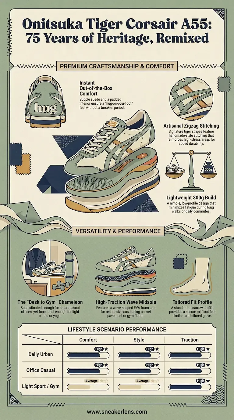 Onitsuka Tiger Corsair A55 infographic highlighting 75 years of heritage, desk-to-gym versatility, and 300g lightweight build.