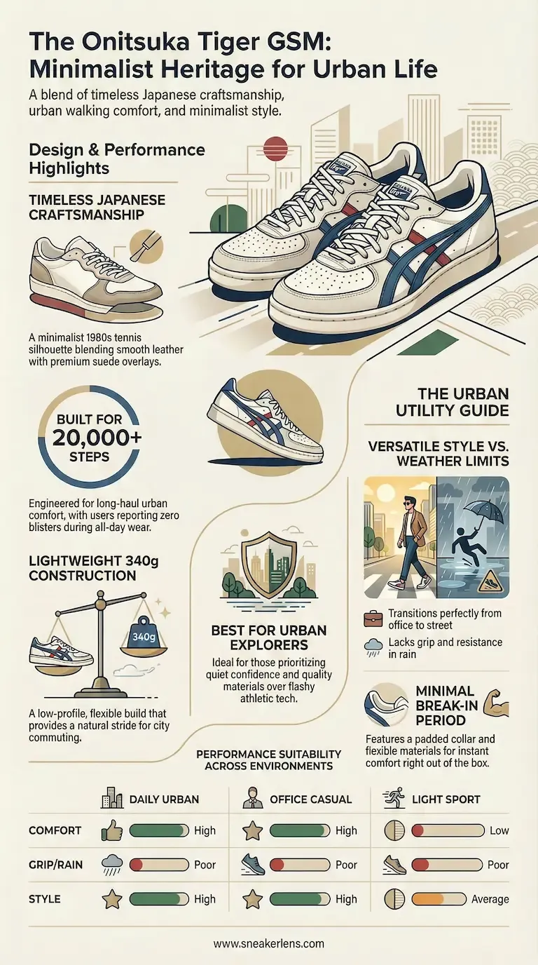 Onitsuka Tiger Mexico 66 infographic showing 25,000 steps comfort claim, lifestyle vs athletic use comparison, and durability notes.