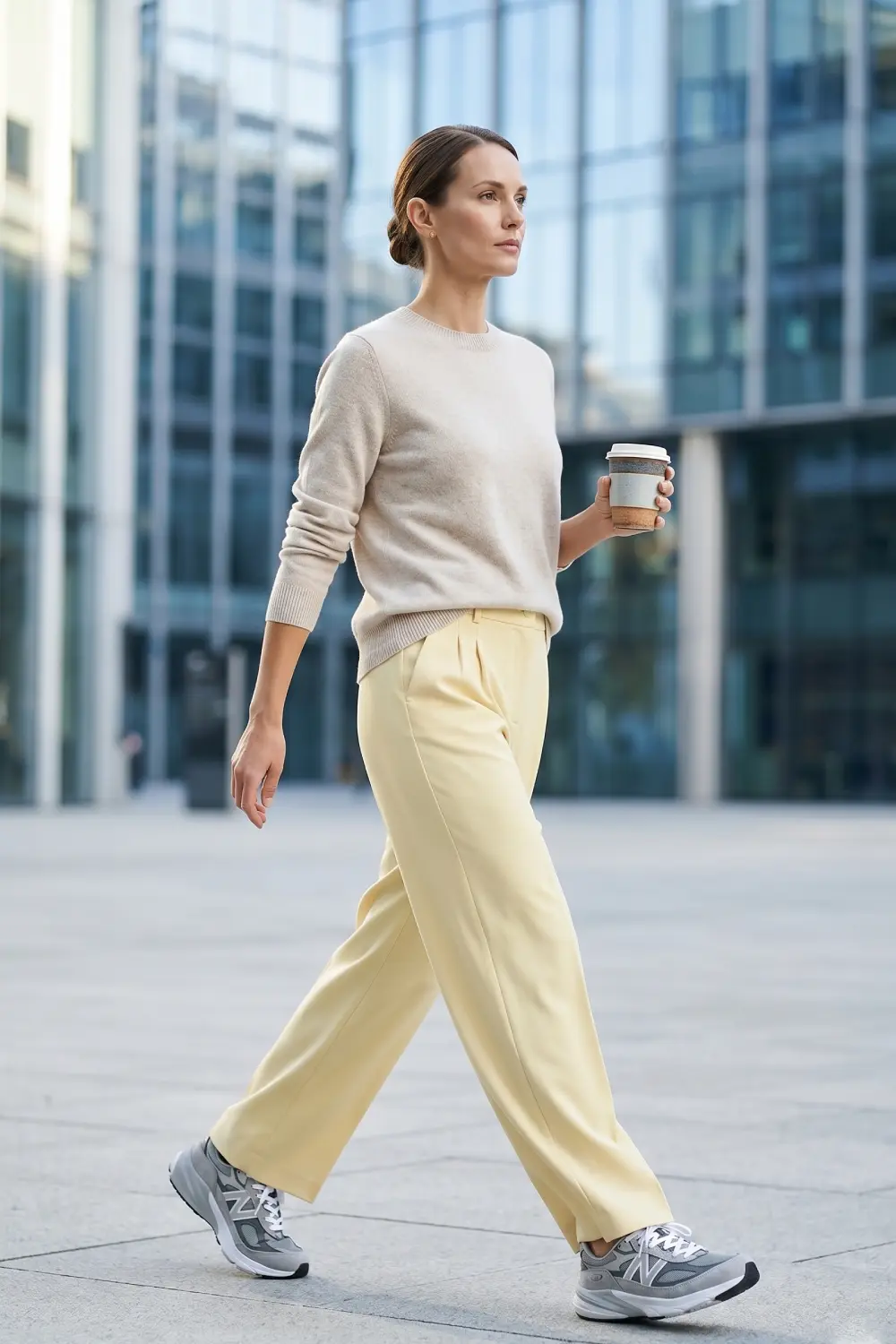 Neutral daily trainers styled for a smart-casual autumn city commute.