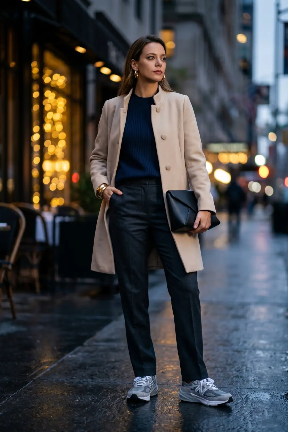 Elevated winter smart-casual outfit with dark wool tailoring and grey trainers.