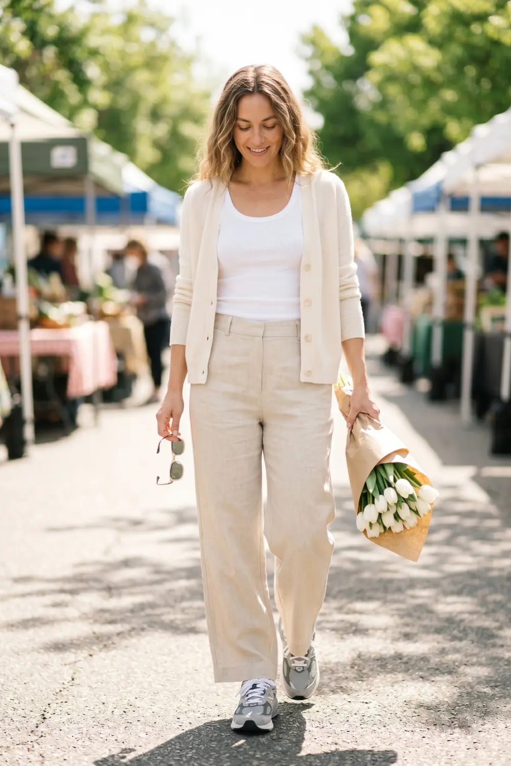 A relaxed summer look featuring wide-leg organic linen trousers, mid-gauge cream cashmere, and neutral grey sneakers