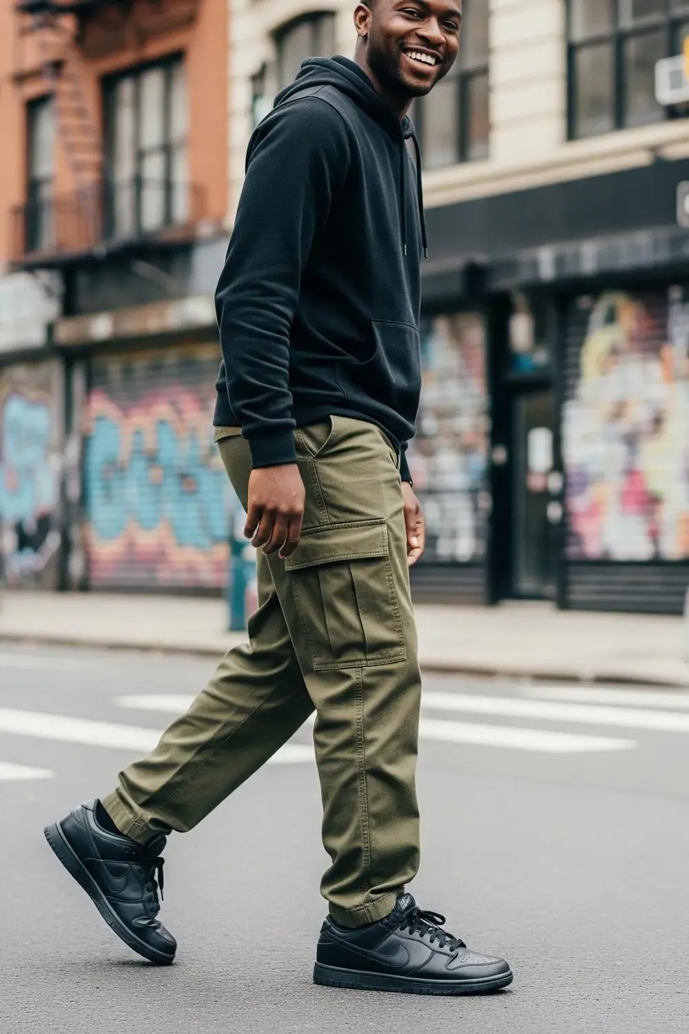A man wearing 'Triple Black' Nike Dunk Lows paired with stylish cargo pants, showcasing a modern streetwear look.