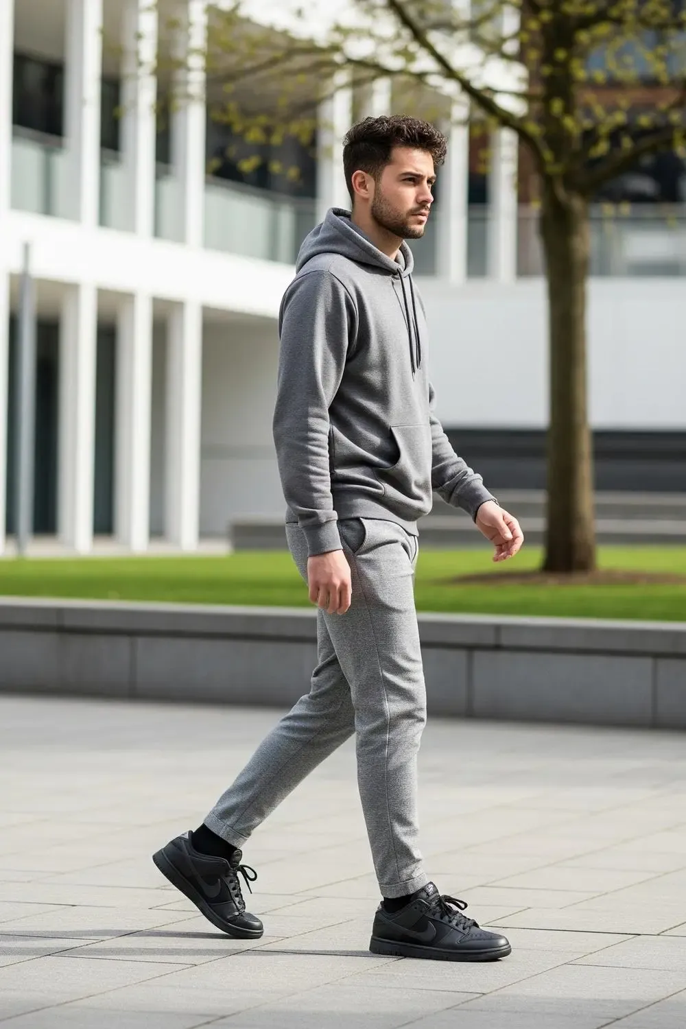Man in 'Triple Black' Nike Dunk Lows and elevated athleisure wear, combining comfort with a modern stylish look.