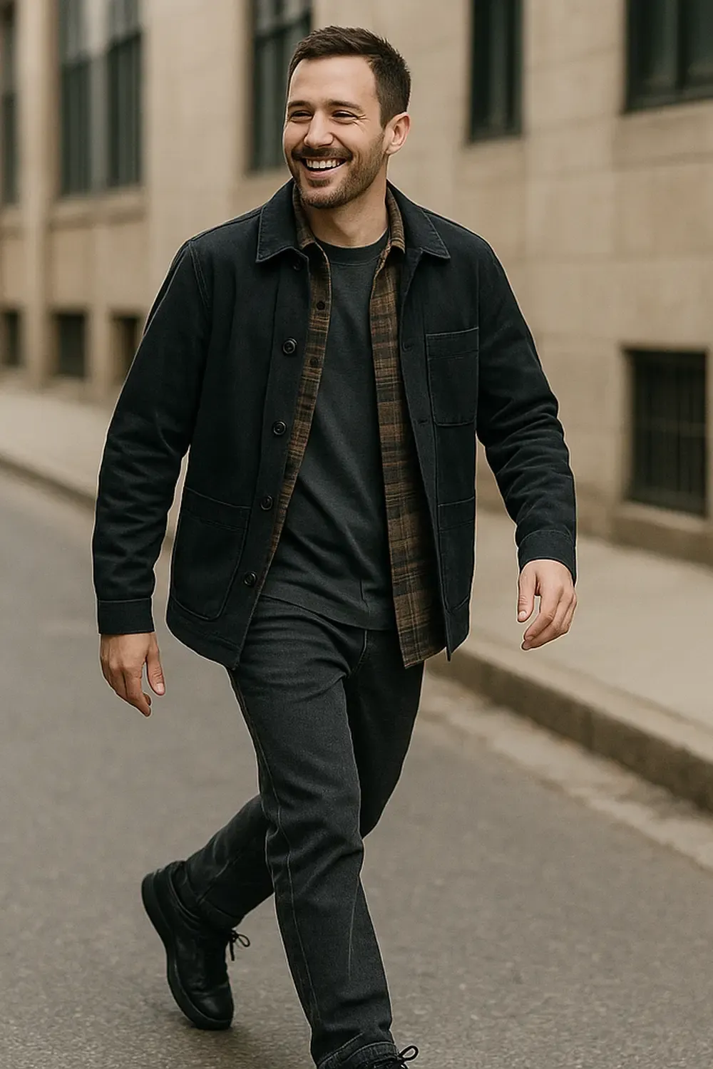 Man demonstrating expert layering with an open flannel shirt and jacket over 'Triple Black' Nike Dunk Lows for a stylish, versatile look.