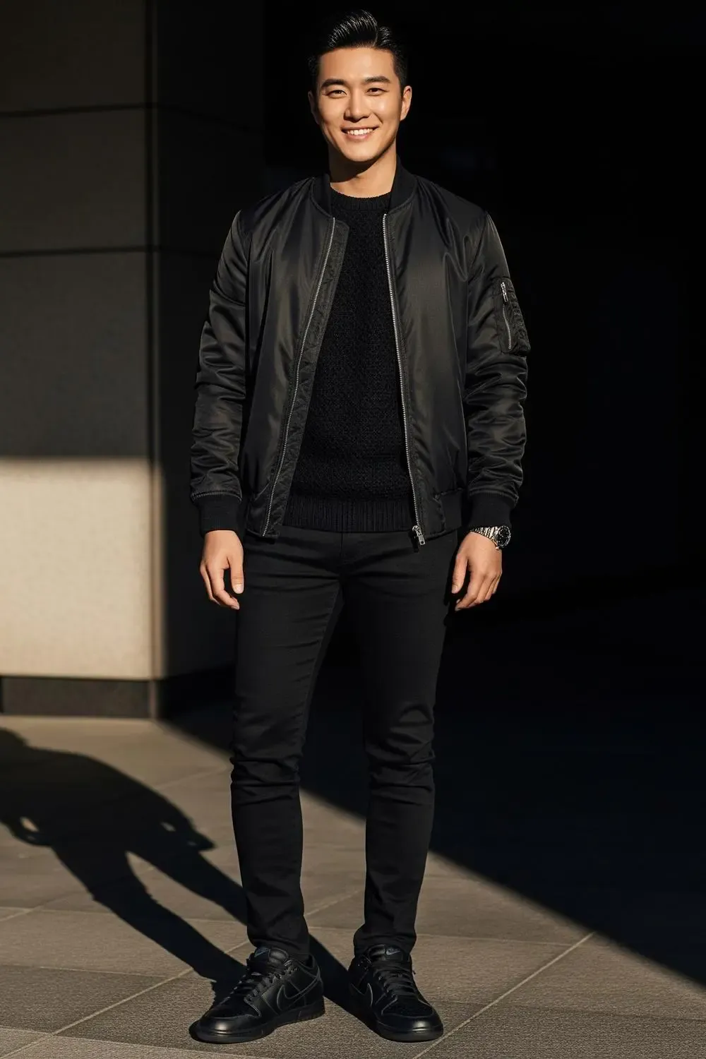 Man showcasing a sophisticated all-black monochromatic outfit with 'Triple Black' Nike Dunk Lows, highlighting textural play.