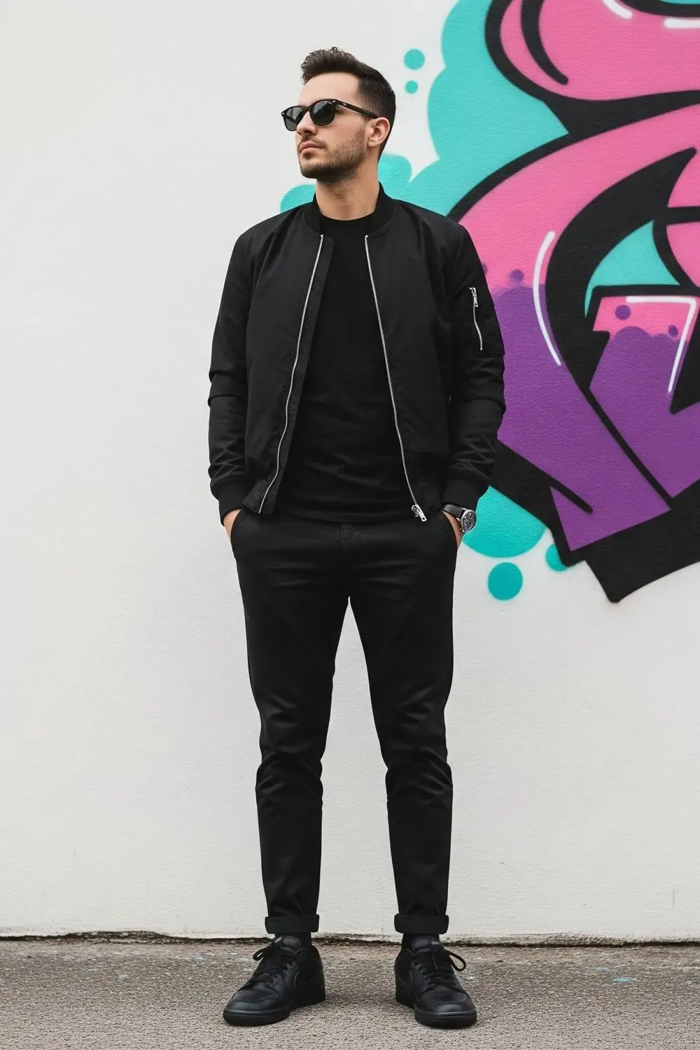 A man showcasing a sleek monochromatic black outfit, perfectly complemented by 'Triple Black' Nike Dunk Lows.