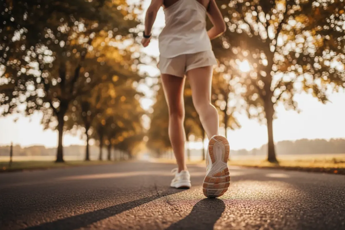 An aesthetic thumbnail showing a close-up of a female runner's Saucony shoes in sharp focus, landing on a road during a beautiful golden hour sunset.