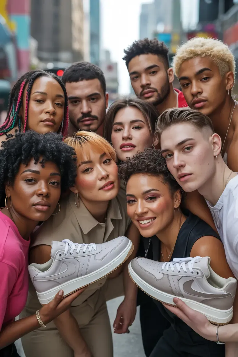 A diverse group of people, representing various genders and ethnicities, wear modern, stylish, unisex sneakers, standing in an urban setting, symbolizing the trend towards inclusive footwear.