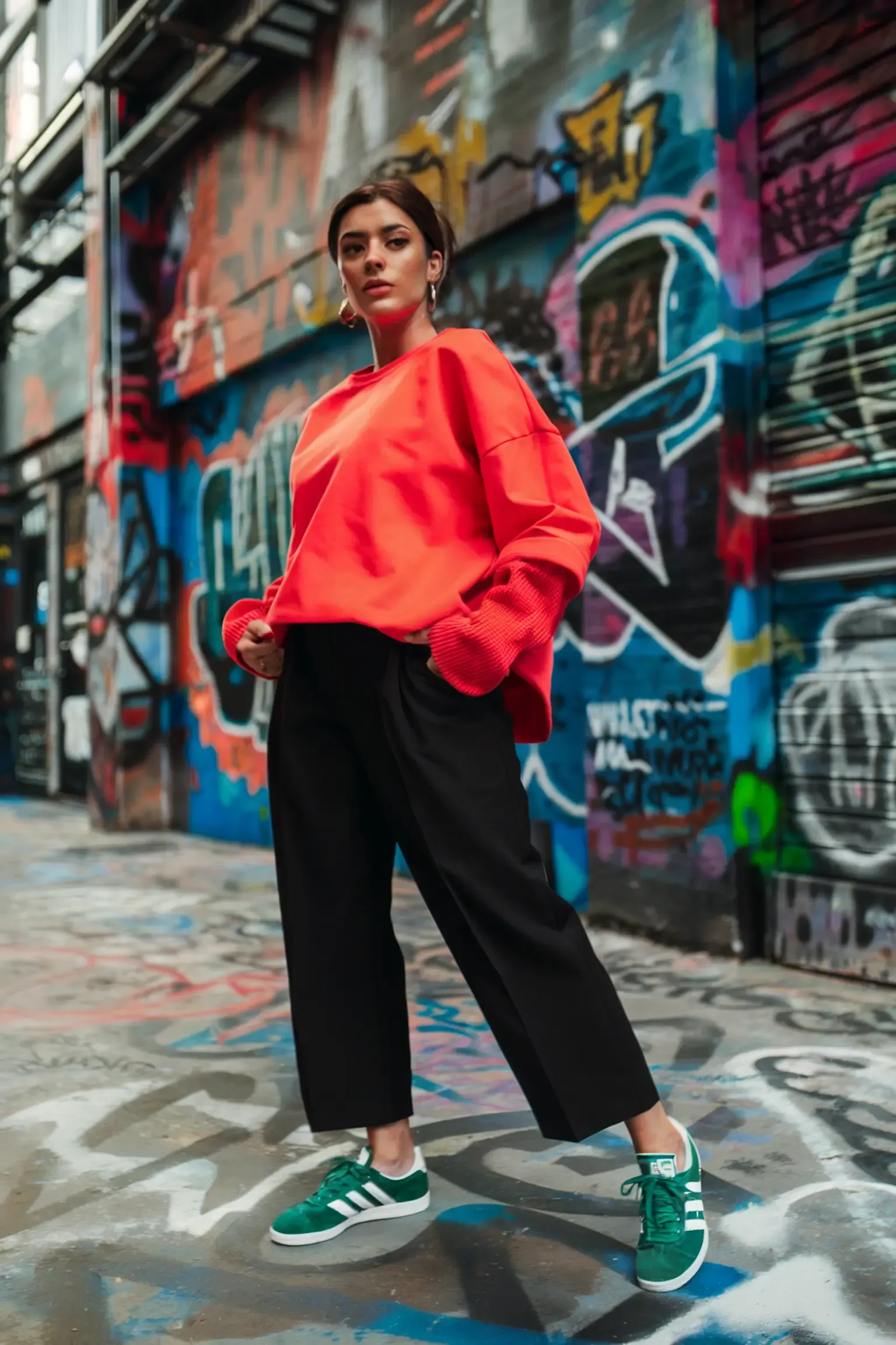 Bold street style with oversized bright red sweater and wide-leg black trousers, paired with mint green sneakers, against colorful graffiti wall background