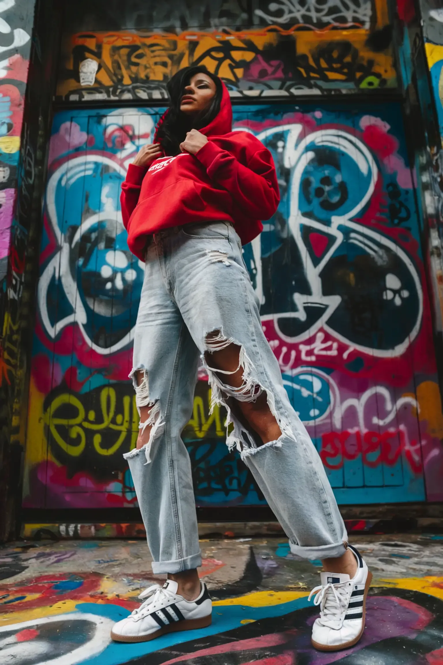 Person wearing bright red hoodie and distressed light wash jeans against vibrant graffiti wall, styled with white Adidas sneakers with black stripes and gum sole, creating an artistic urban contrast