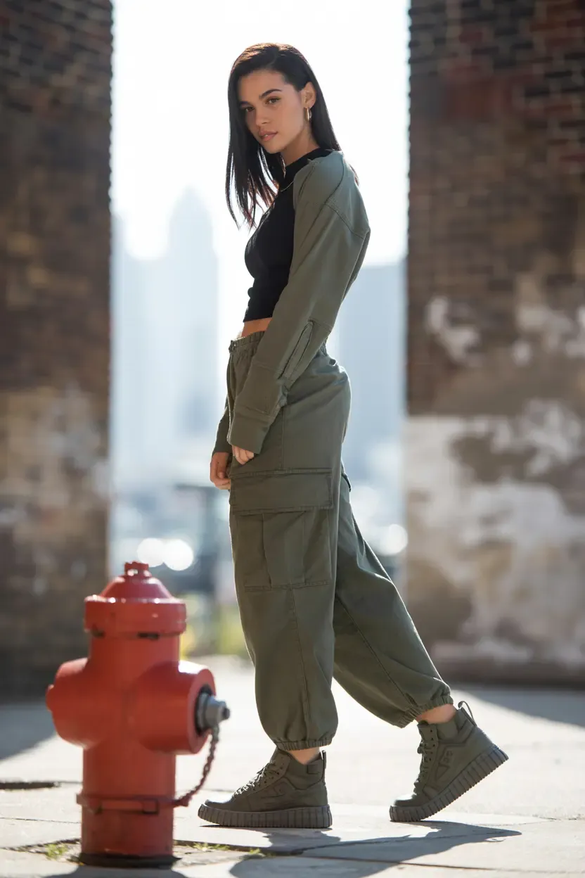 A woman in olive cargo pants and a black top wearing military-inspired sneakers in an urban environment.