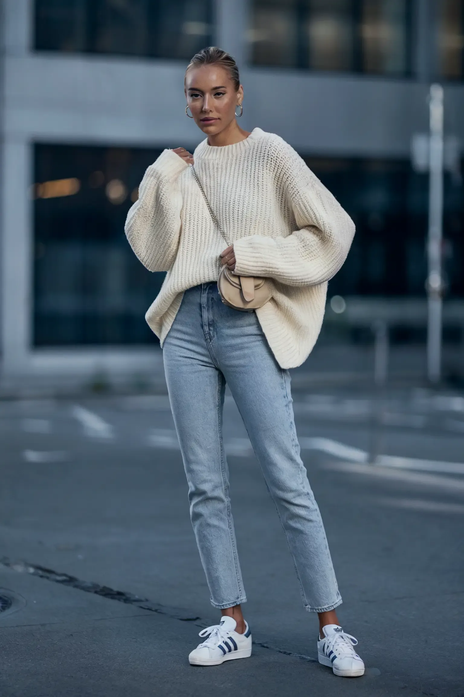Modern minimalist outfit with oversized cream ribbed sweater and straight-leg light wash jeans, styled with classic white sneakers in urban setting