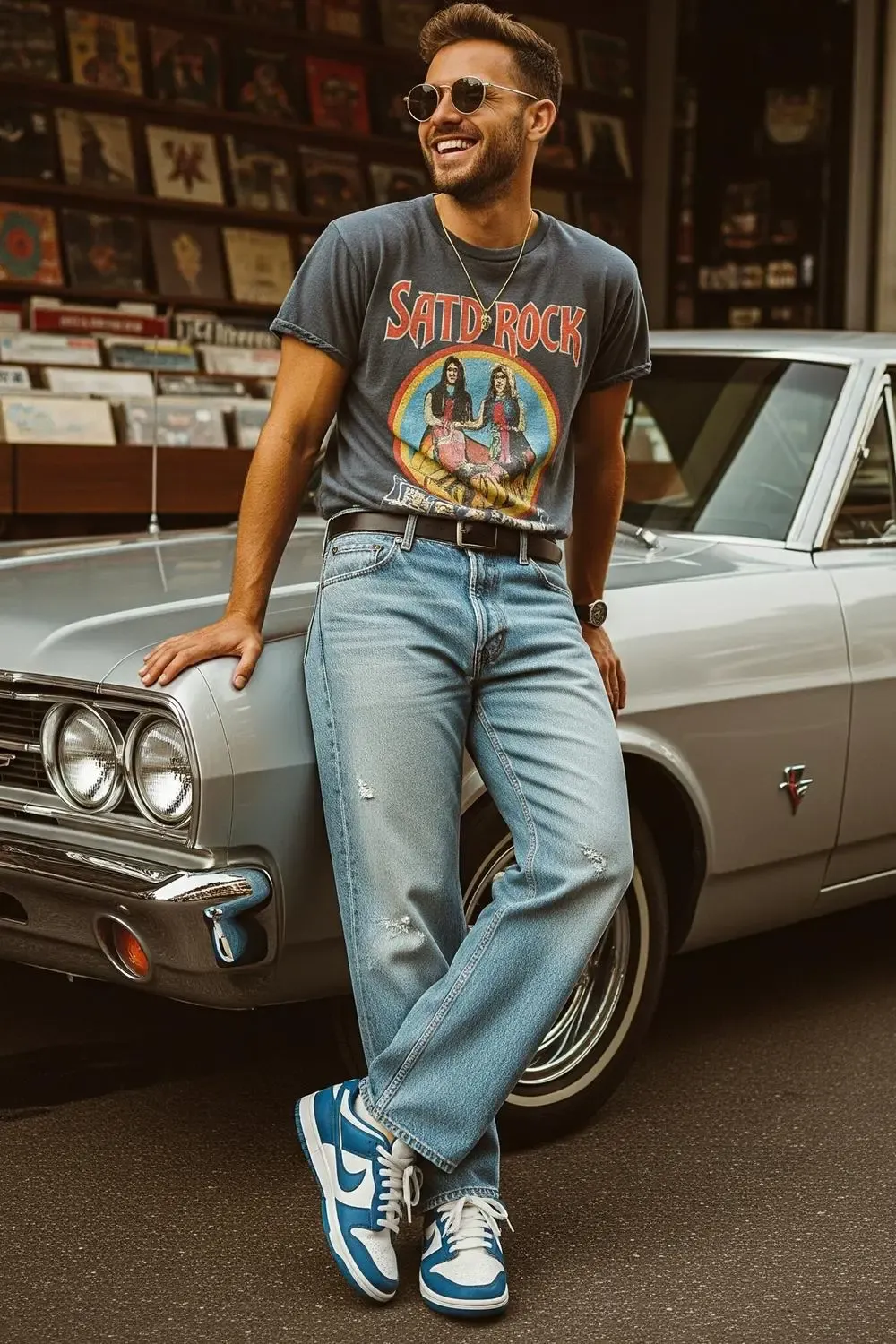 Man rocking a vintage vibe with retro Dunk Lows, light-wash distressed wide-leg jeans, and a faded band t-shirt.