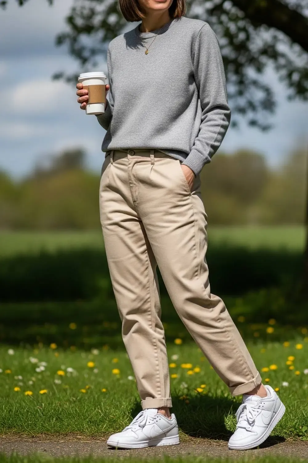 A person in a comfortable weekend outfit of beige chinos, a grey sweater, and Triple-White Dunks.
