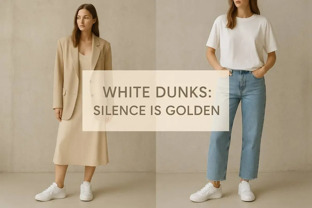 Two minimalist outfits featuring white Nike Dunks: left, a beige blazer and skirt ensemble; right, light-wash jeans and a white t-shirt. Text overlay reads: "WHITE DUNKS: SILENCE IS GOLDEN"