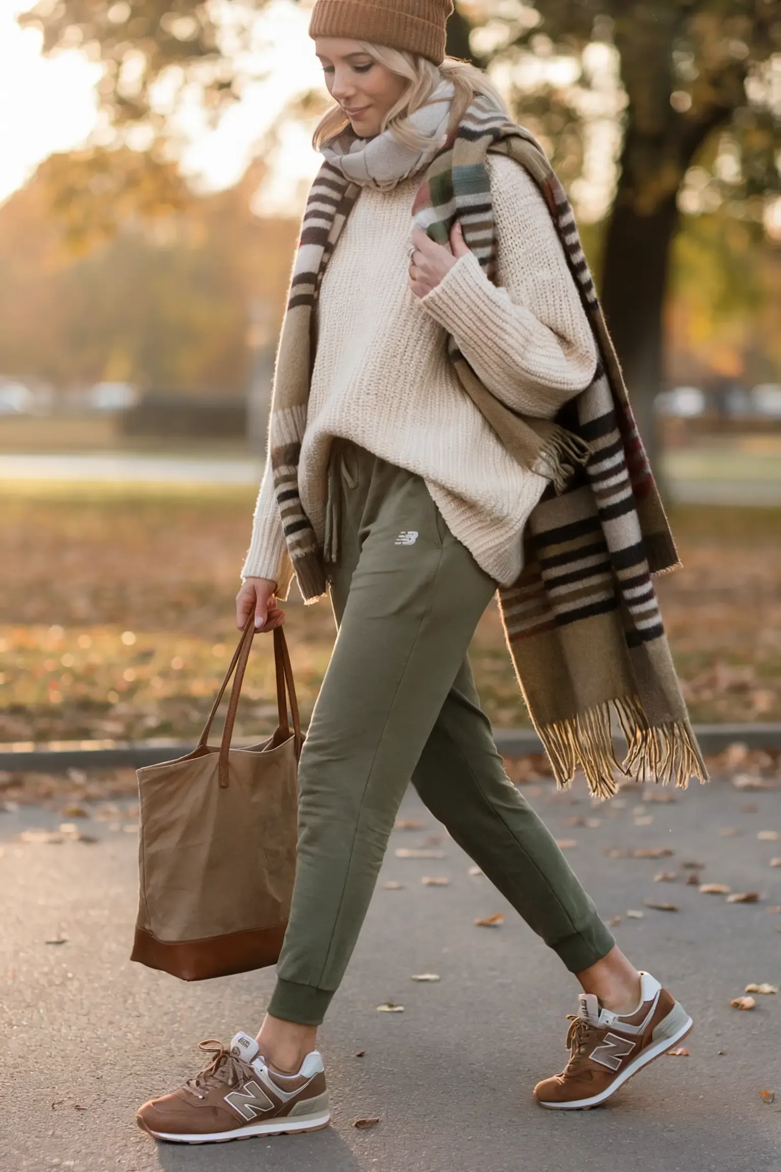 Woman in chunky cream sweater and olive joggers walking in autumn setting, wearing brown New Balance sneakers, styled with striped scarf and beanie, showcasing seasonal layered athleisure