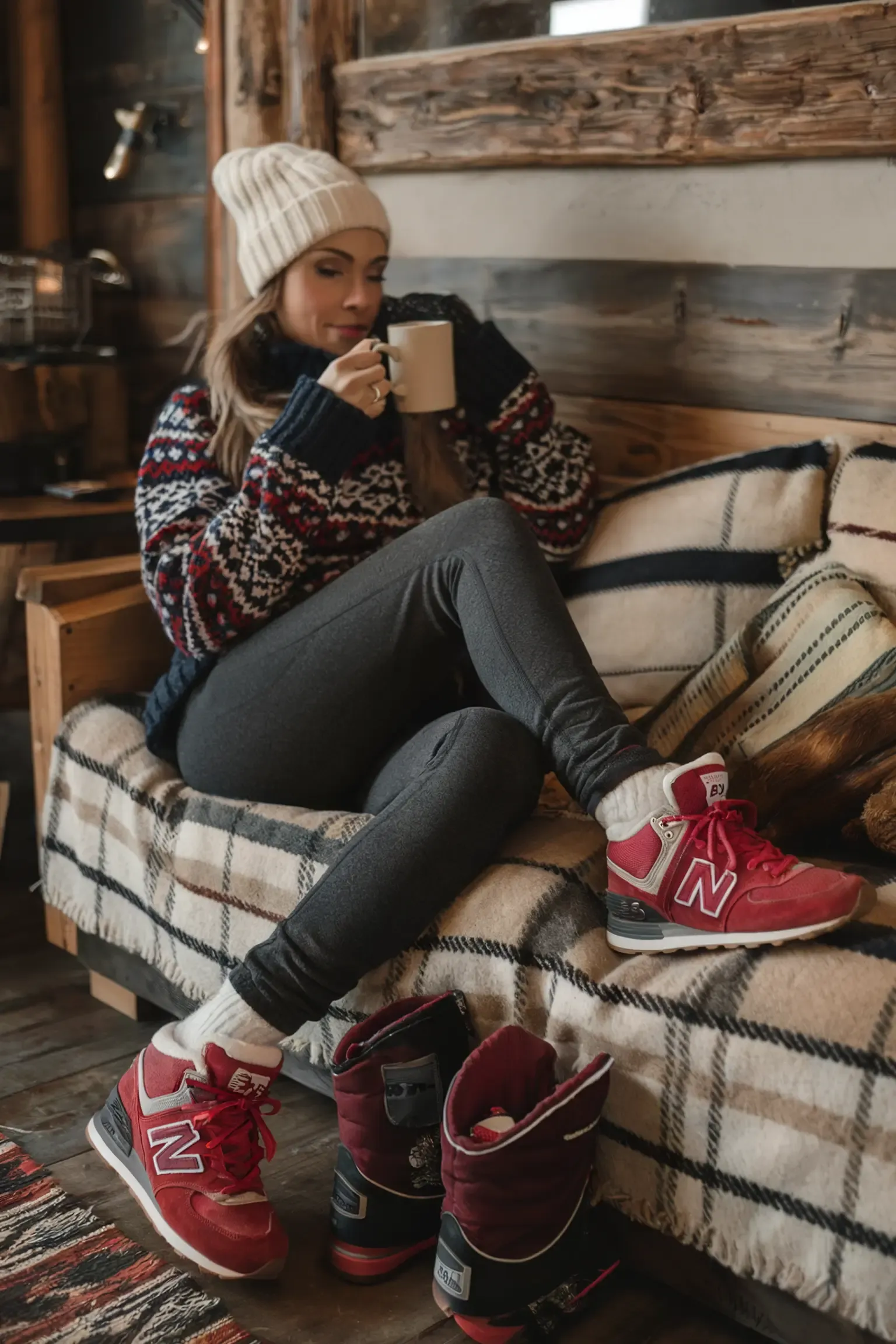 Woman relaxing on plaid blanket in wooden cabin interior wearing fair isle sweater, beanie, and red New Balance sneakers while enjoying coffee, with winter boots arranged nearby