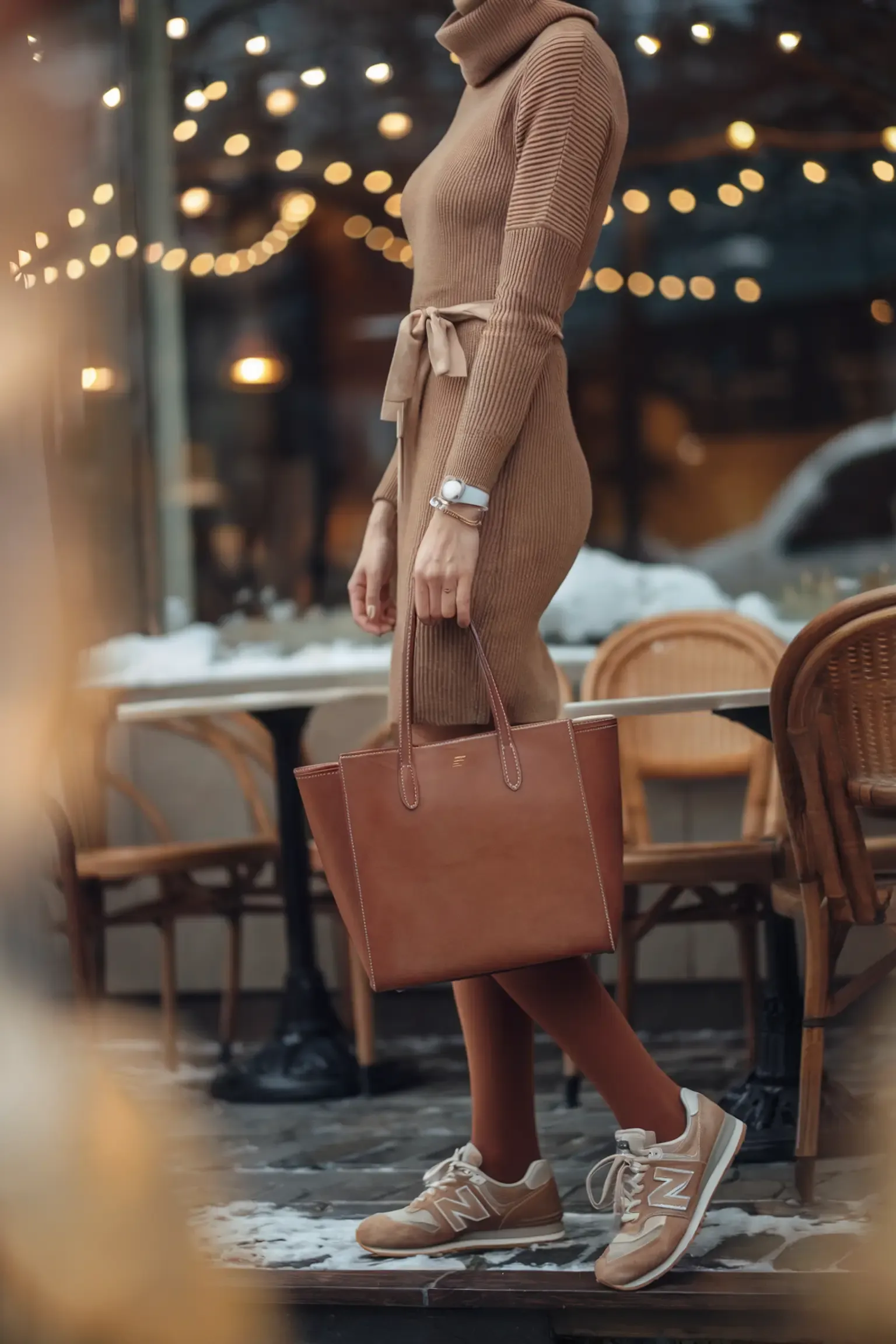Woman in camel ribbed turtleneck dress with matching leather tote bag outside cafe, wearing coordinated beige New Balance sneakers creating a sophisticated monochromatic winter look