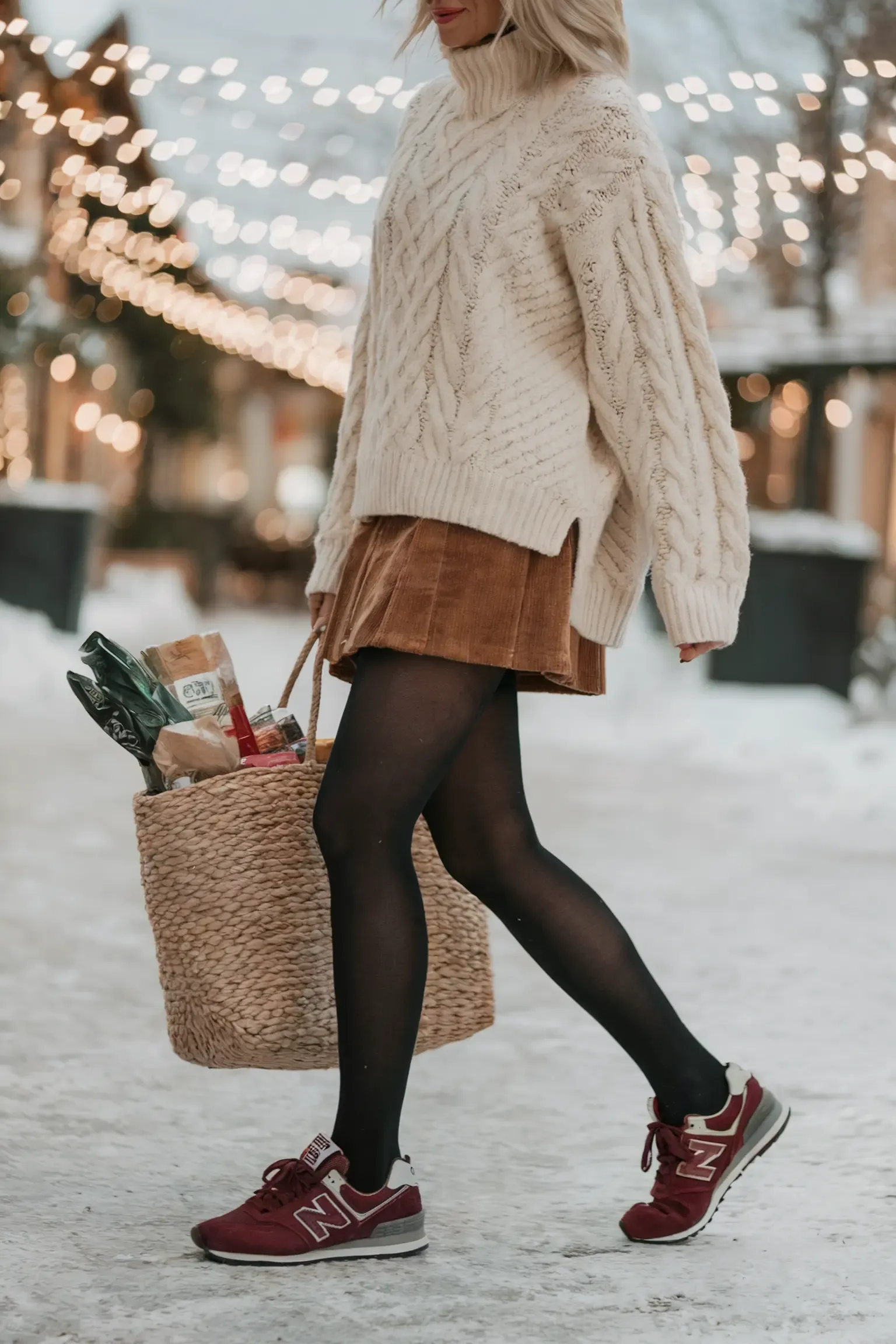 Woman in cream cable knit sweater and corduroy skirt carrying woven market bag through snowy street, wearing burgundy New Balance sneakers with black tights for winter errands