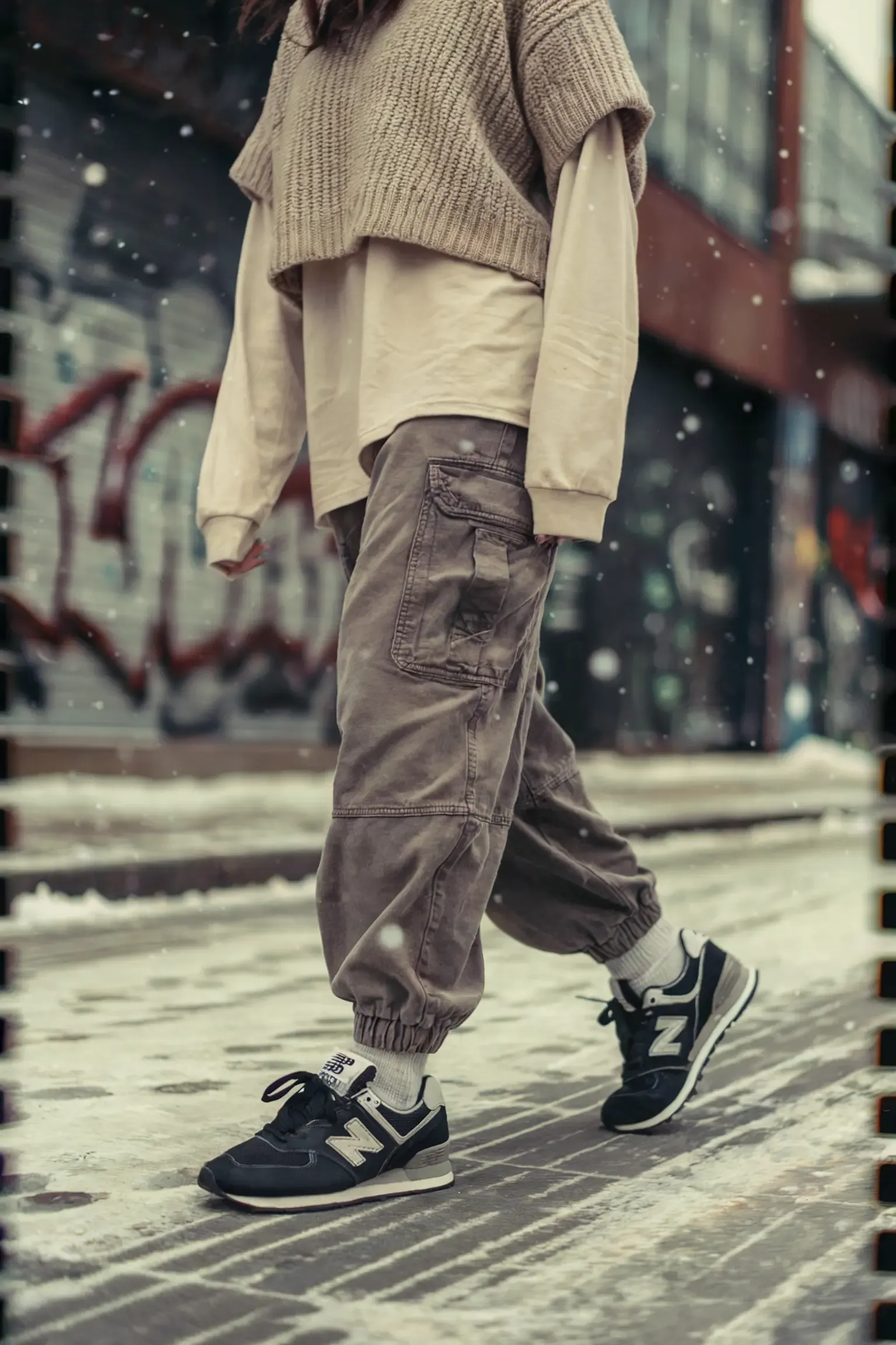 Close-up of winter street style featuring layered beige sweatshirt and cream long sleeve with grey cargo joggers, paired with classic black New Balance sneakers against urban backdrop