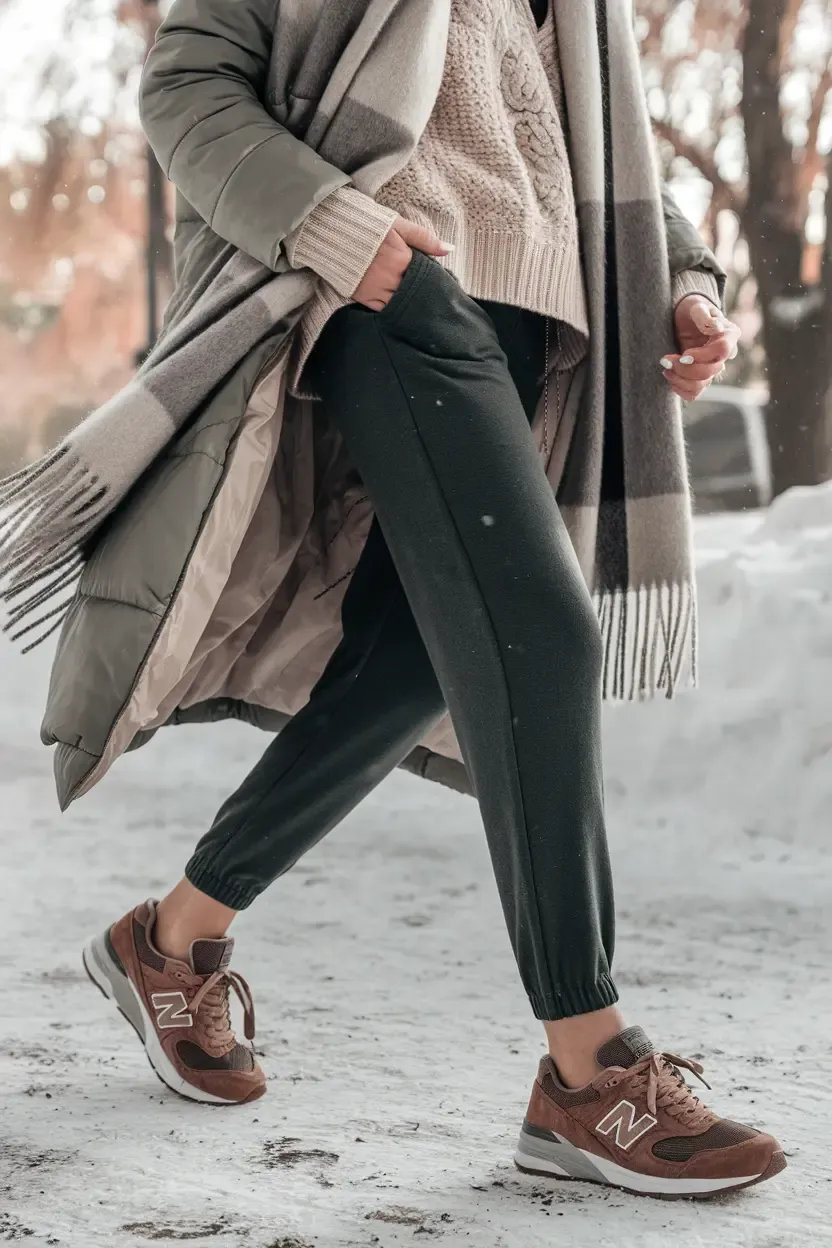 Winter layered look with beige sweater, puffer vest, black joggers and brown New Balance sneakers