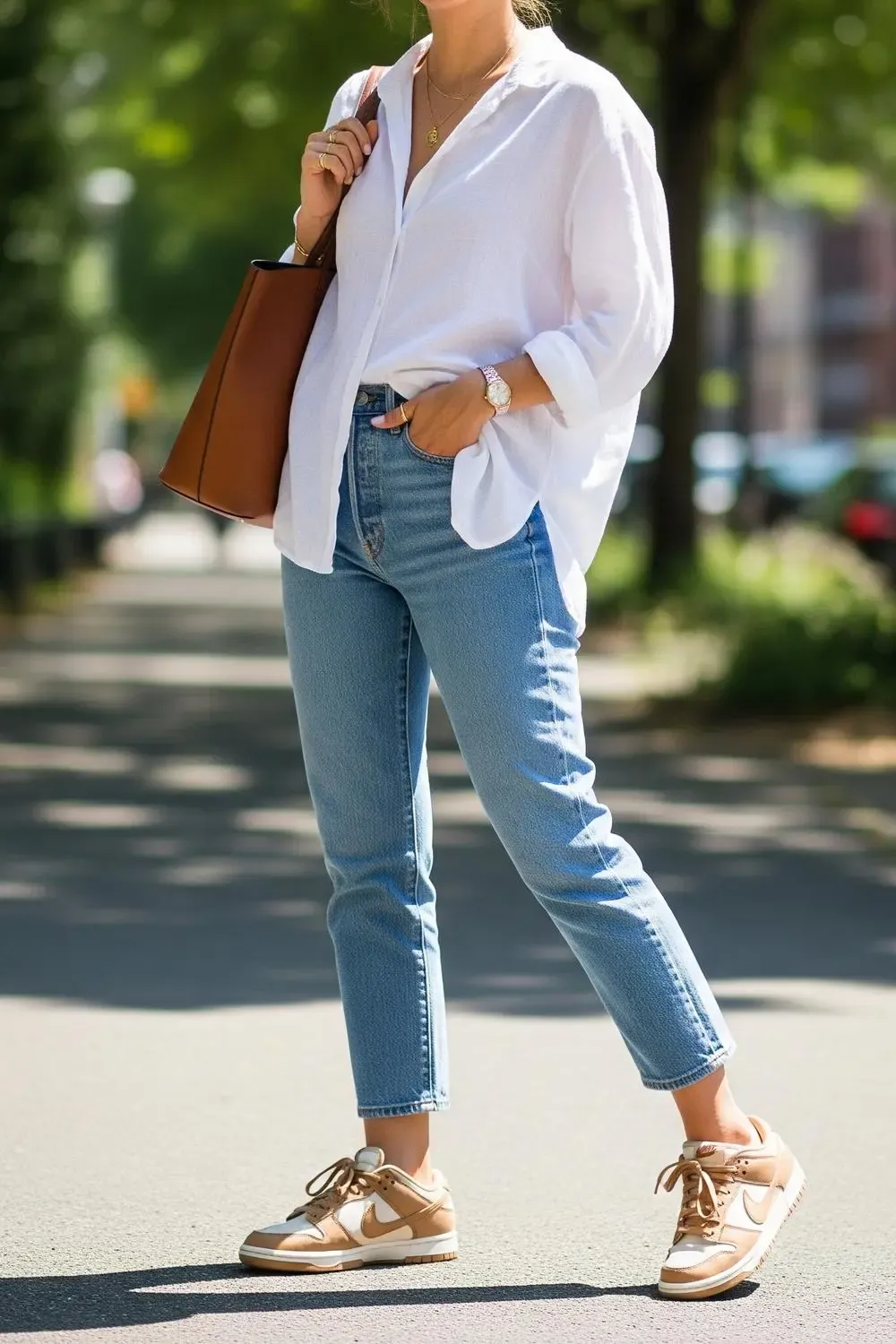 Woman stylishly wearing light tan Nike Dunk Lows with straight-leg light-wash jeans, a white oversized linen shirt, and carrying a brown leather tote bag.
