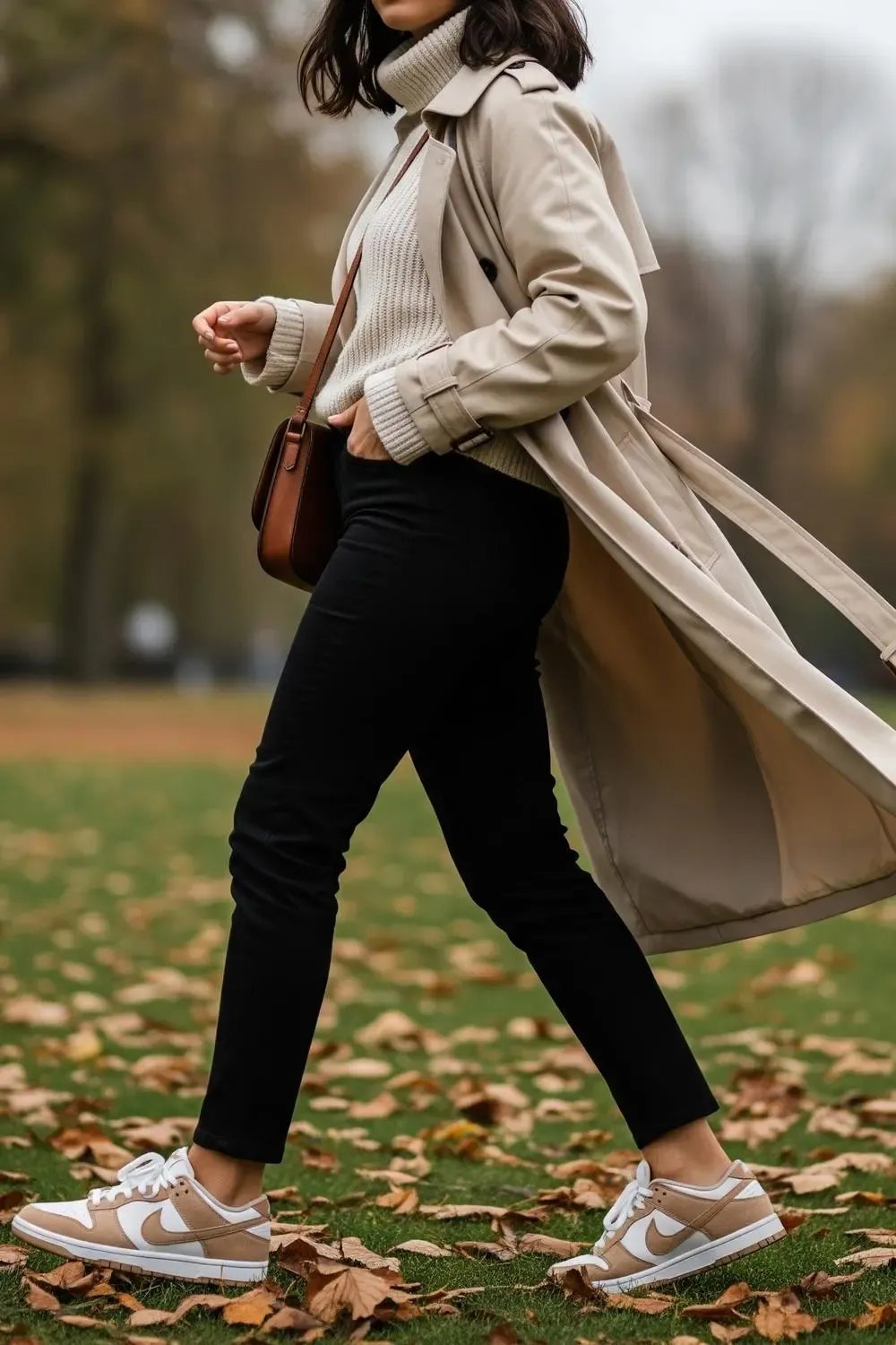Woman walking in a park during fall, wearing light tan suede Nike Dunk Lows, black slim-fit jeans, a cream turtleneck sweater, and a classic beige trench coat. Autumn leaves on the ground.
