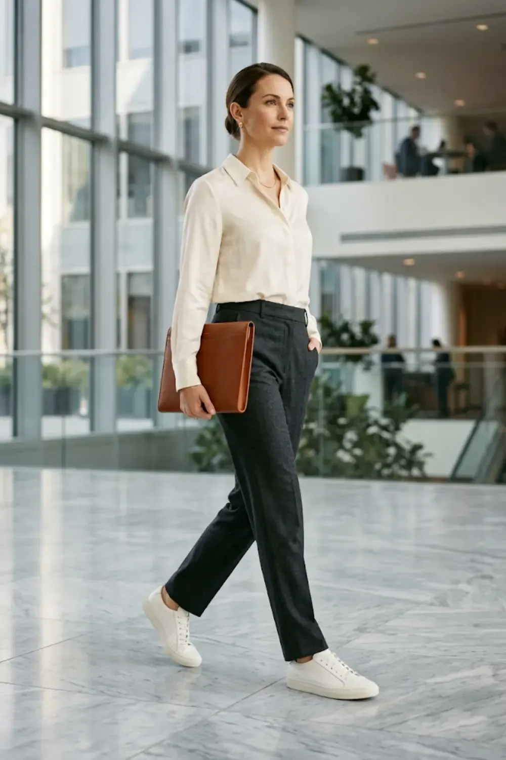 A sophisticated professional woman embodying 'Functional Elegance' in a high-end corporate setting.